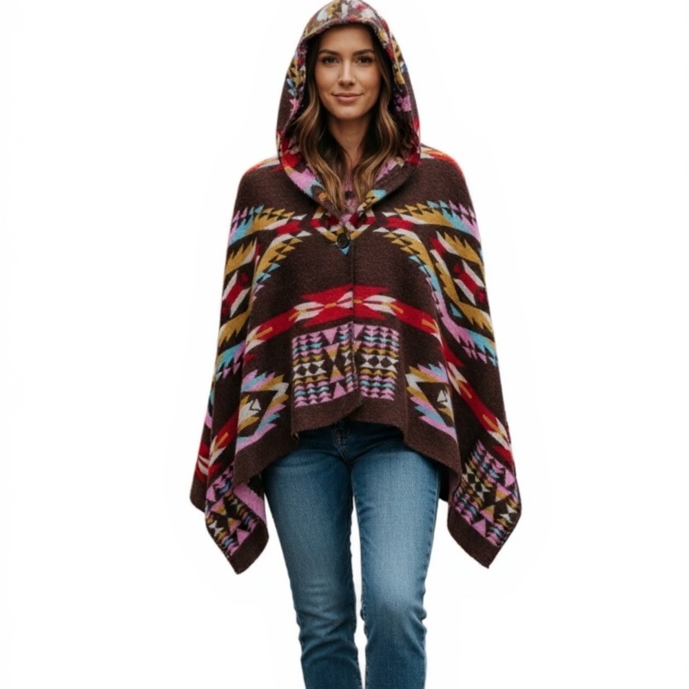 Woven Heart Aztec Tribal Boho Print Shawl Cape Hooded Poncho